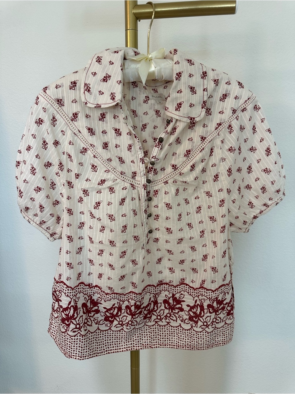 Pilcro Cream Blouse with Red Floral Border from Anthropologie